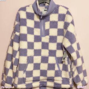 Juniors' SO® Quarter 1/4 Zip Sherpa Pullover Purple Check Jacket